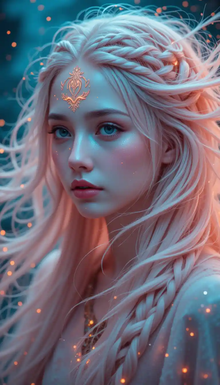 Crying celestial girl with glowing runes and flowing hair