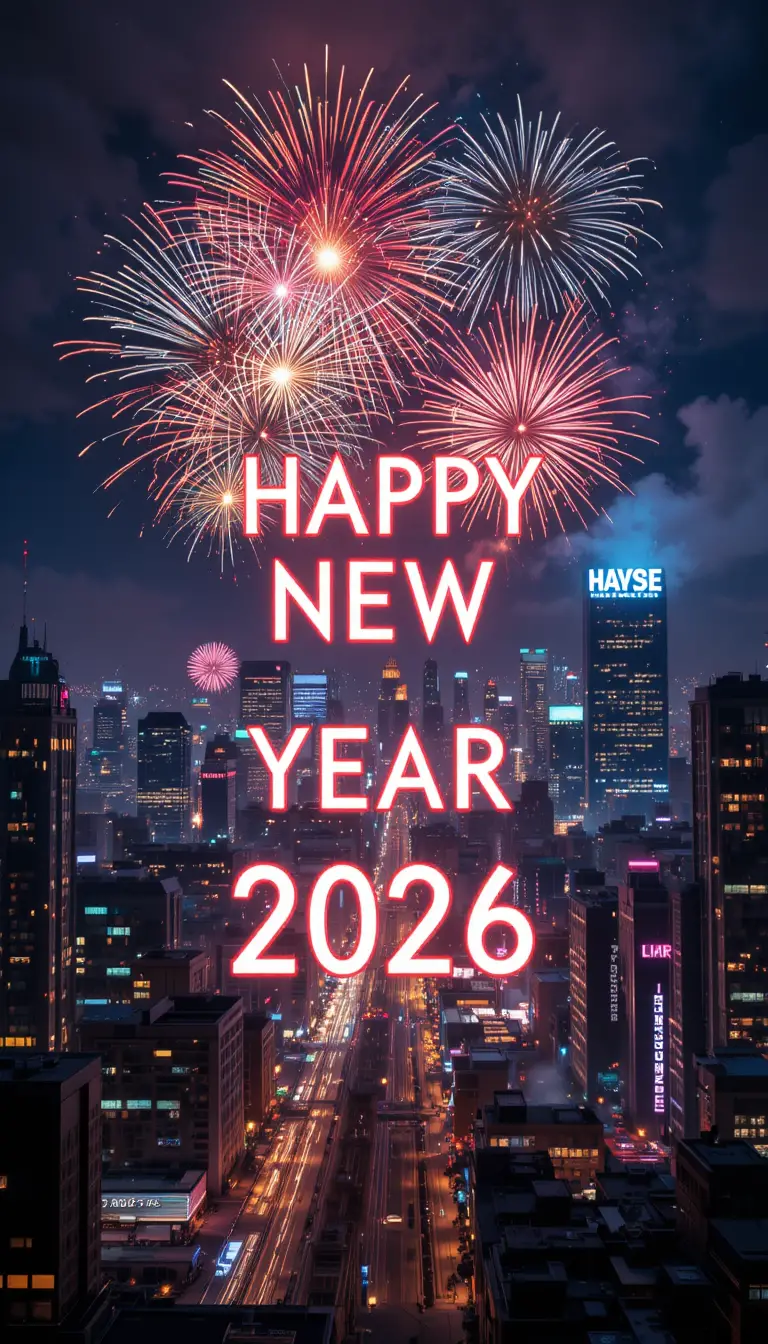 Night city skyline with fireworks and glowing new year text
