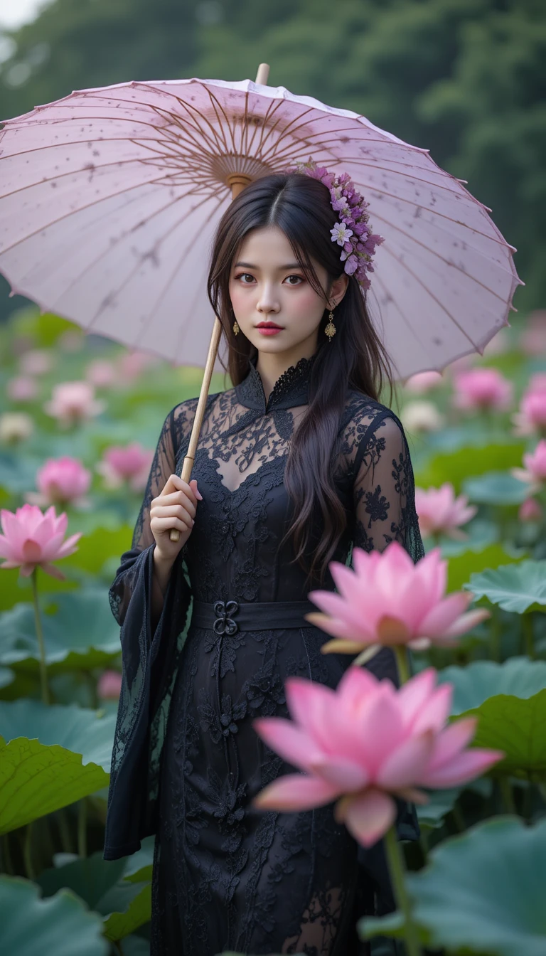 Mulher elegante com sombrinha em jardim de lótus em flor