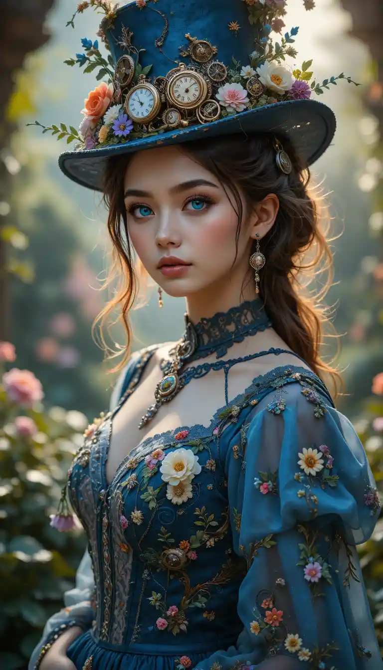 Steampunk woman in steel blue dress under soft golden light