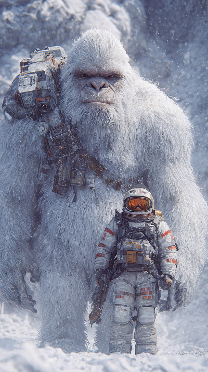 Yeti branco cibernético blindado em close em um mundo congelado