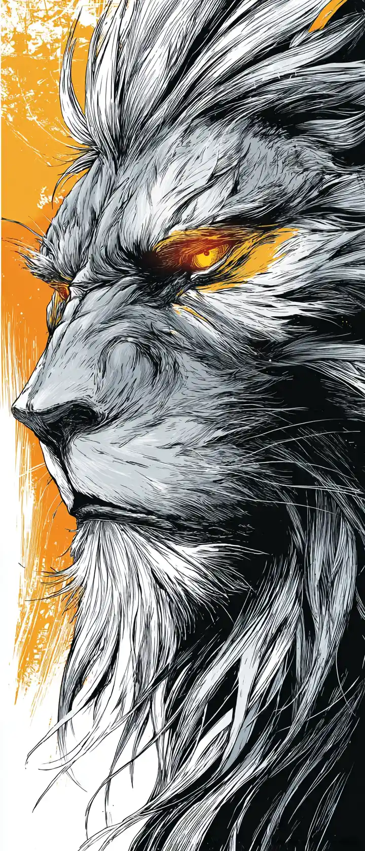 Manga style illustration of a lion in silver charcoal and amber