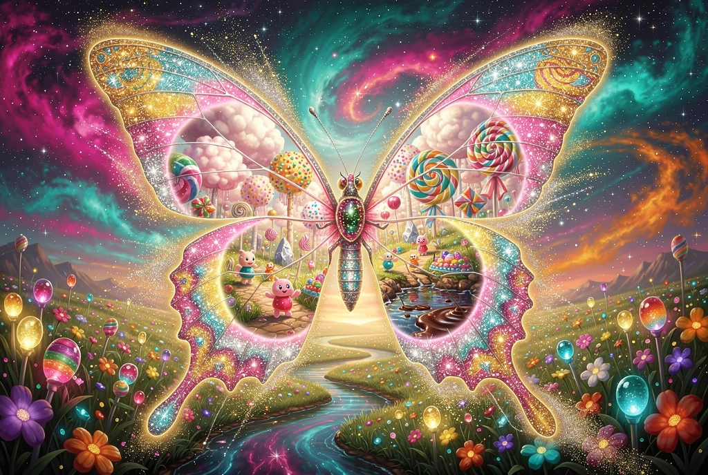 Surreal Cosmic Butterfly With Enchanted Candy Forest Portal