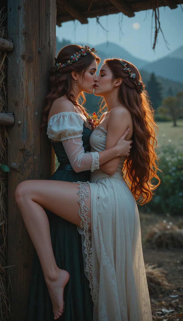 Two women sharing a sensual kiss in moonlit close up