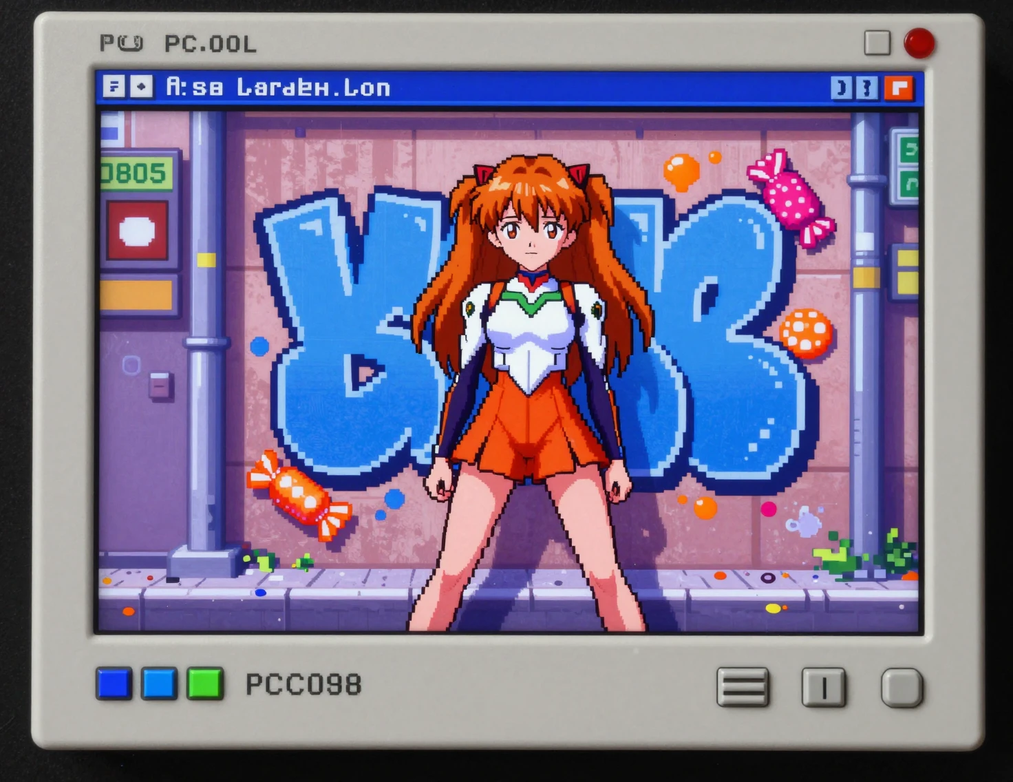 Chica de anime pintando grafiti en una calle retro de juego pixelado