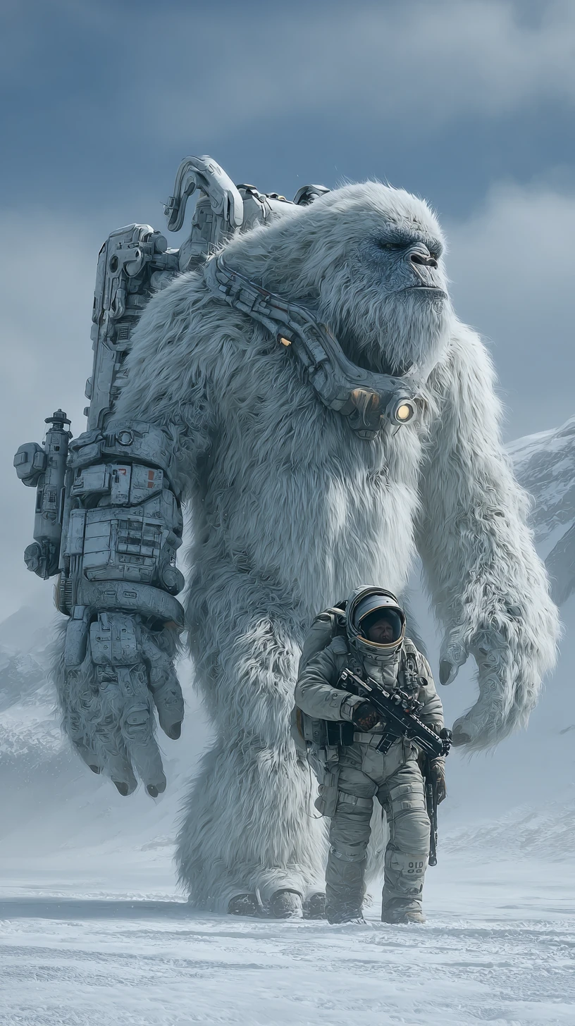 Yeti branco cibernético ao lado de mergulhador do núcleo em um mundo de gelo