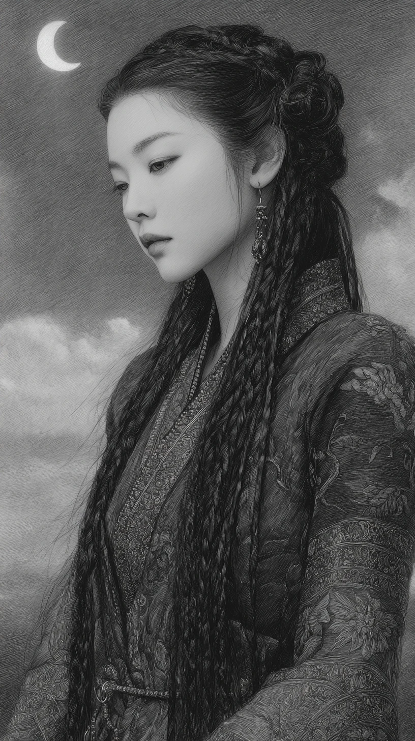 Melancholic woman in traditional East Asian style under moonlight