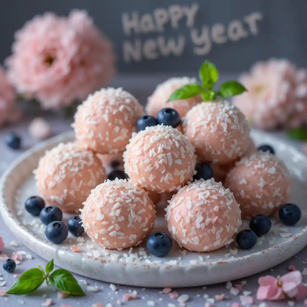 Natureza-morta de sobremesa de Ano Novo em tons pastéis com coco e frutas vermelhas