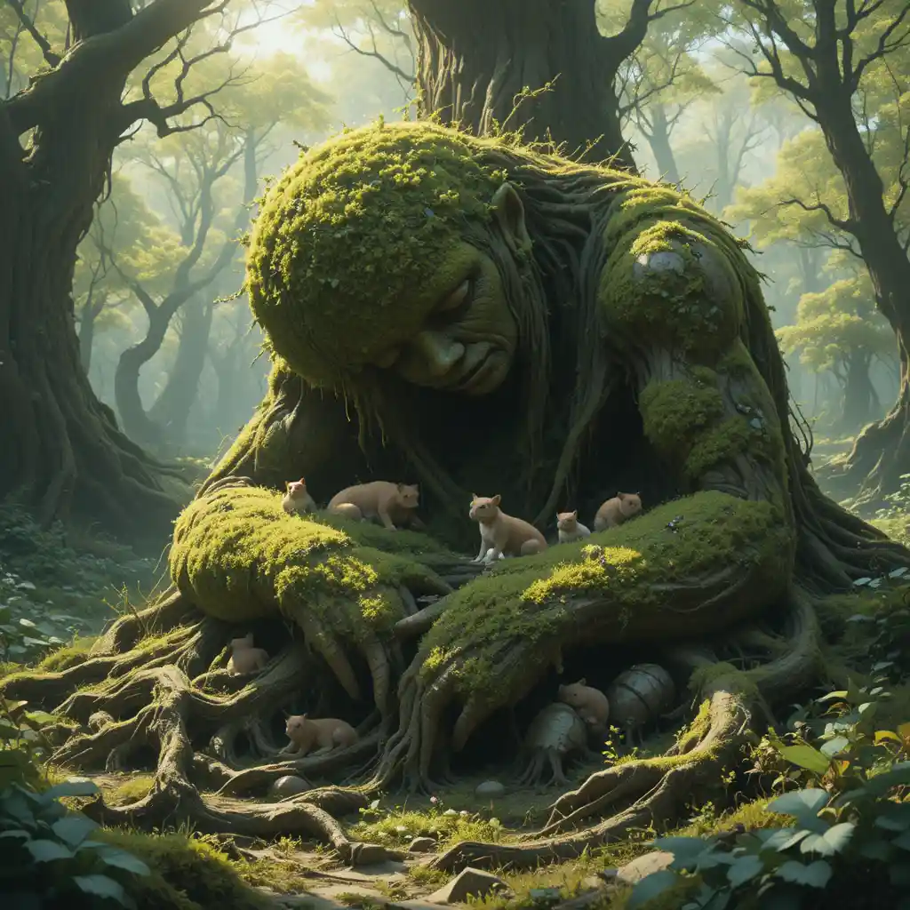 Moss covered forest giant resting in a tranquil glade