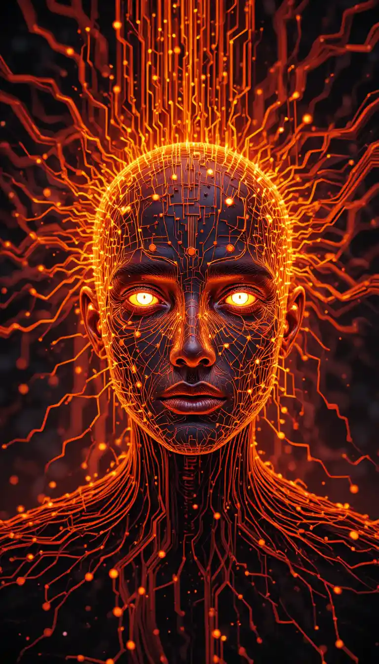 Glowing Human Head With Electric Circuitry On Dark Background