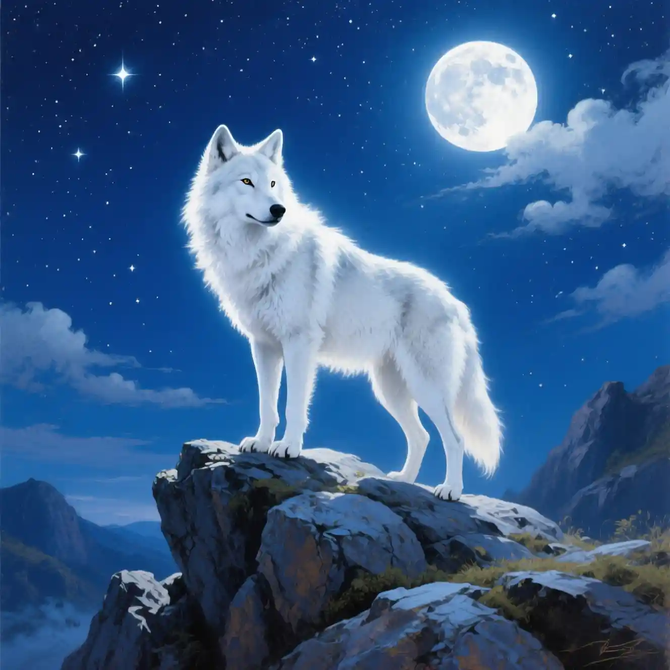 Weißer Wolf auf mondbeschienenen Felsen unter einem sternenklaren Nachthimmel