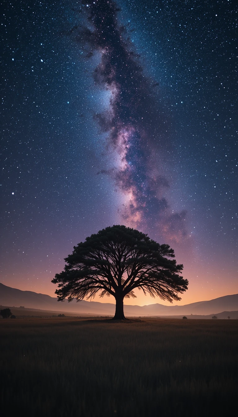 Arbre solitaire sous le ciel nocturne lumineux de la Voie lactée