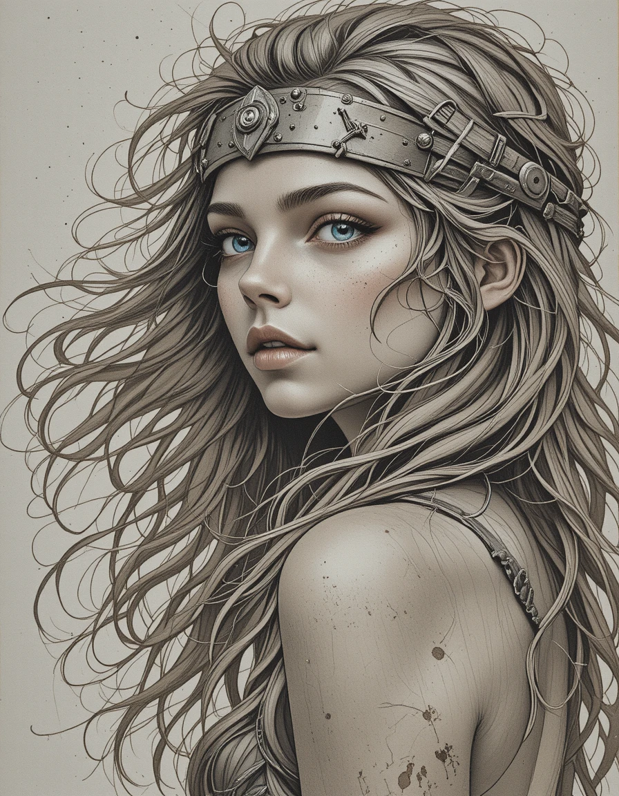 Warrior woman portrait with wild hair and metal headband