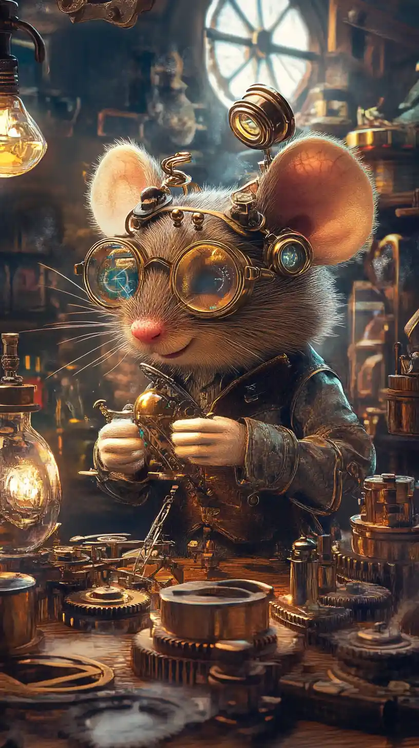 Topo steampunk che ripara ingranaggi in un laboratorio vittoriano