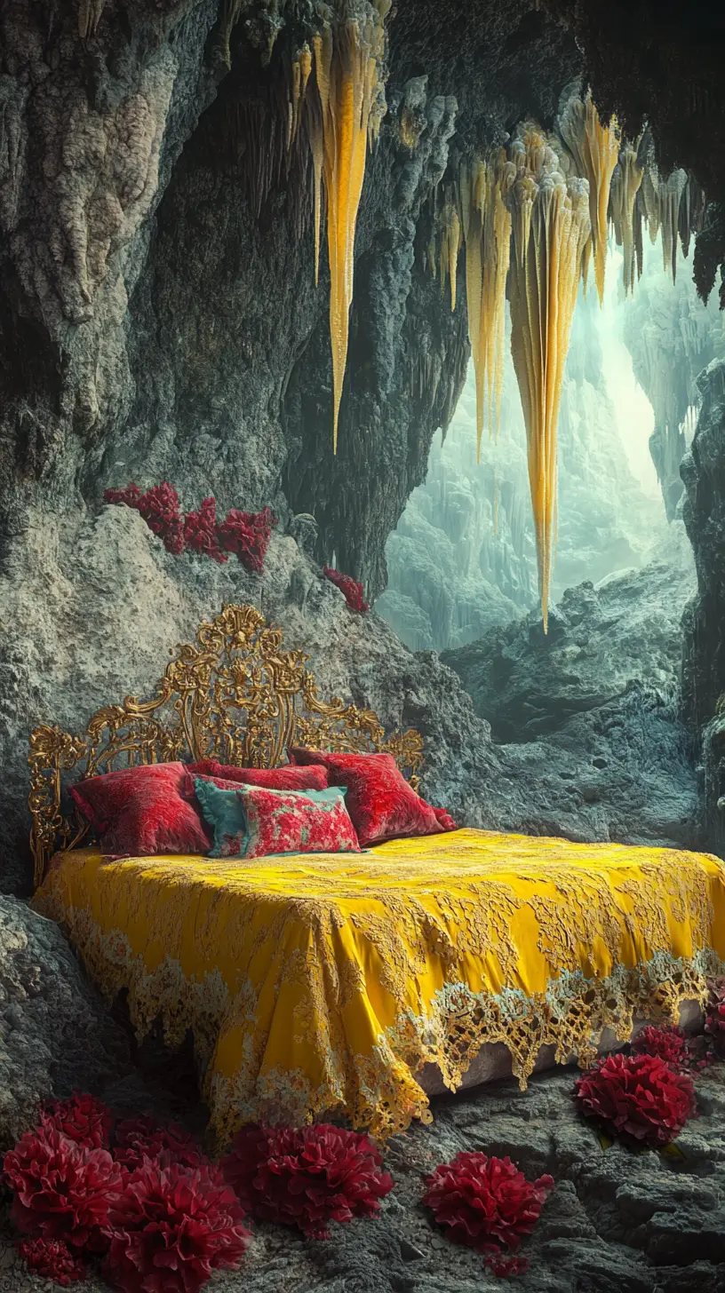 Surreales Höhlen-Schlafzimmer mit Blumen und luxuriösem Bett