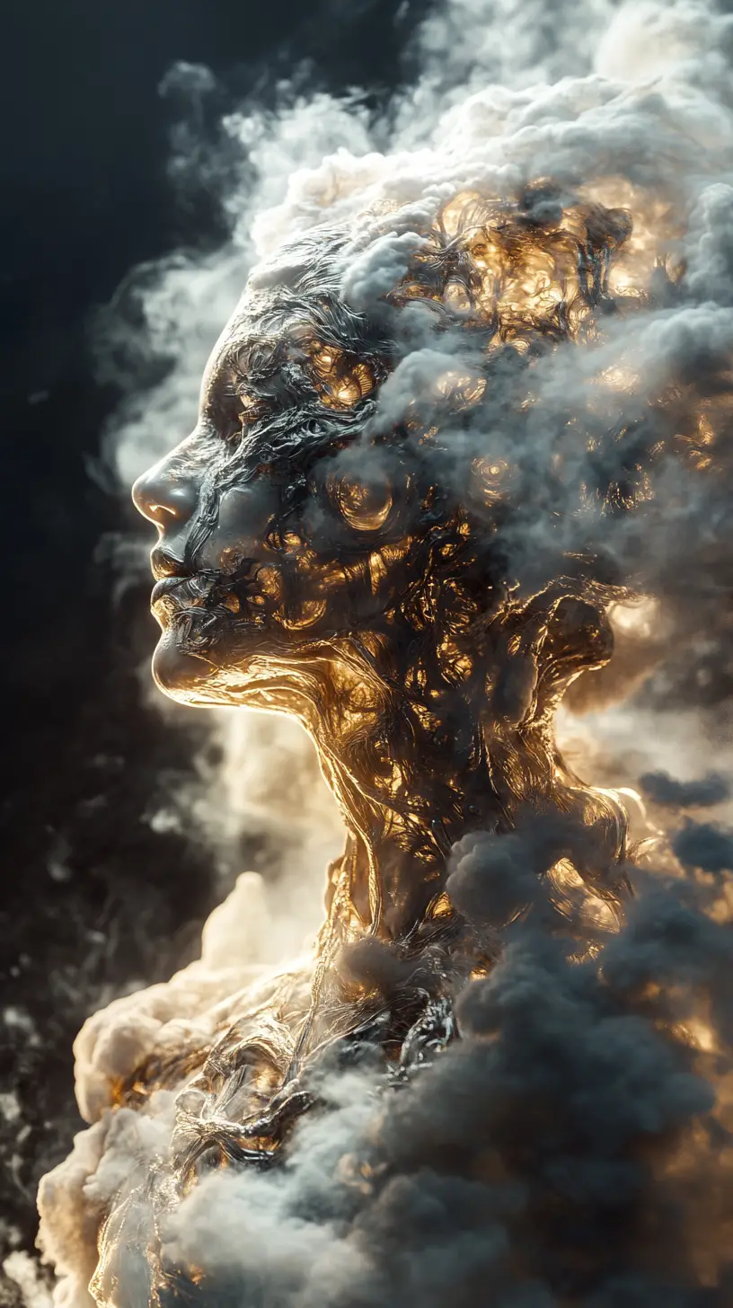 Cyborg-Frau, die aus goldenem Nebel in dunklen Wolken auftaucht