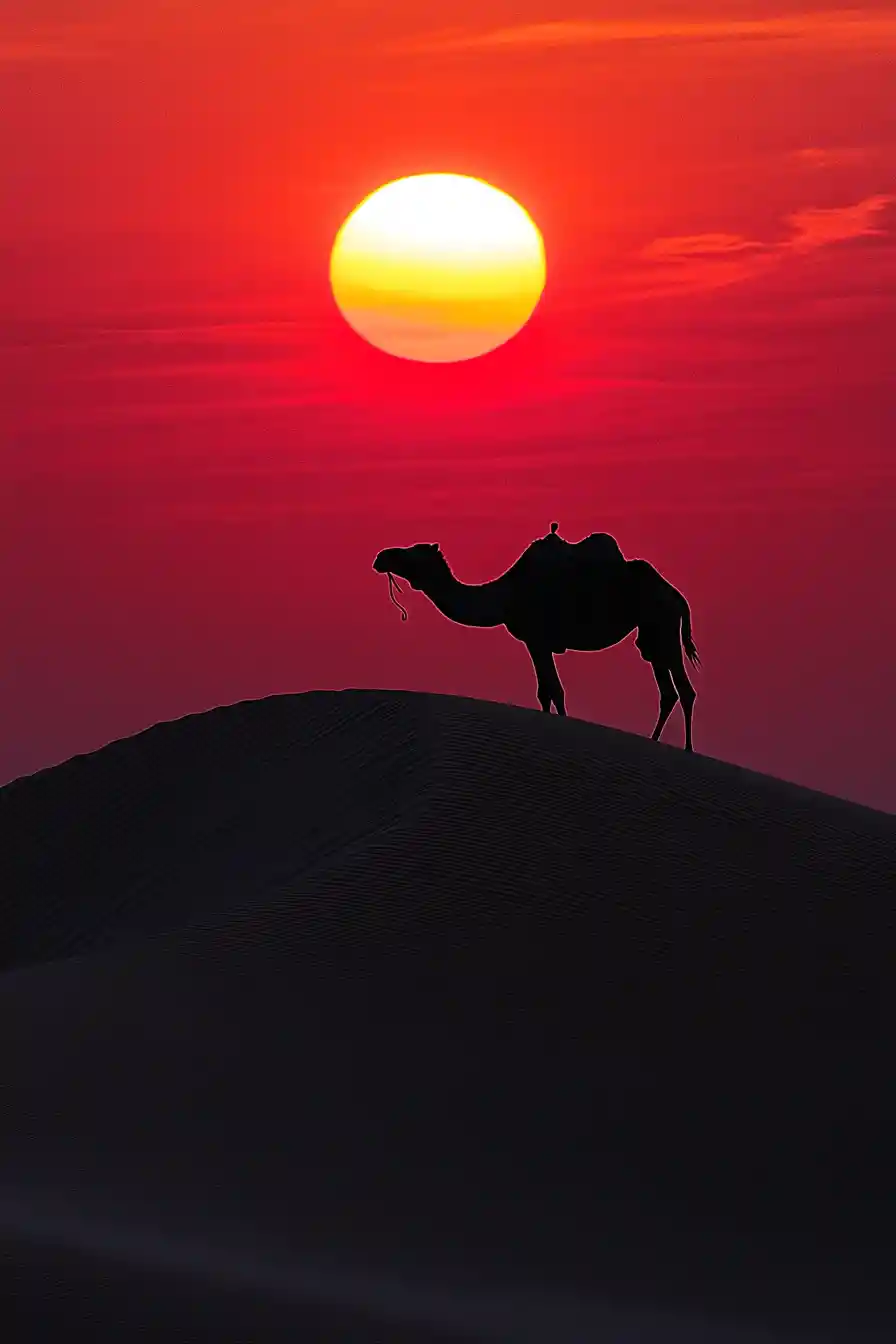 Lonely camel silhouetted on a glowing desert dune at sunset