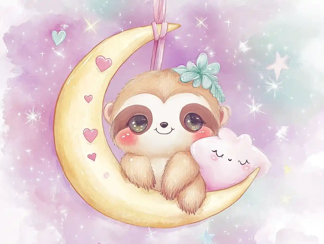 笑顔の星型枕を抱きしめるちび赤ちゃんナマケモノ