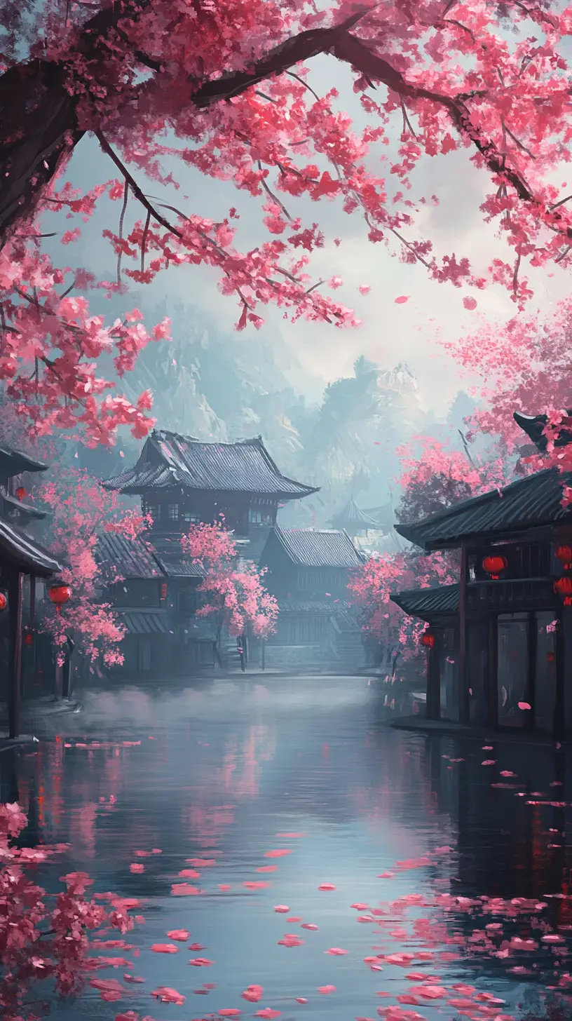 Paisible lac japonais avec cerisiers en fleurs dans la brume