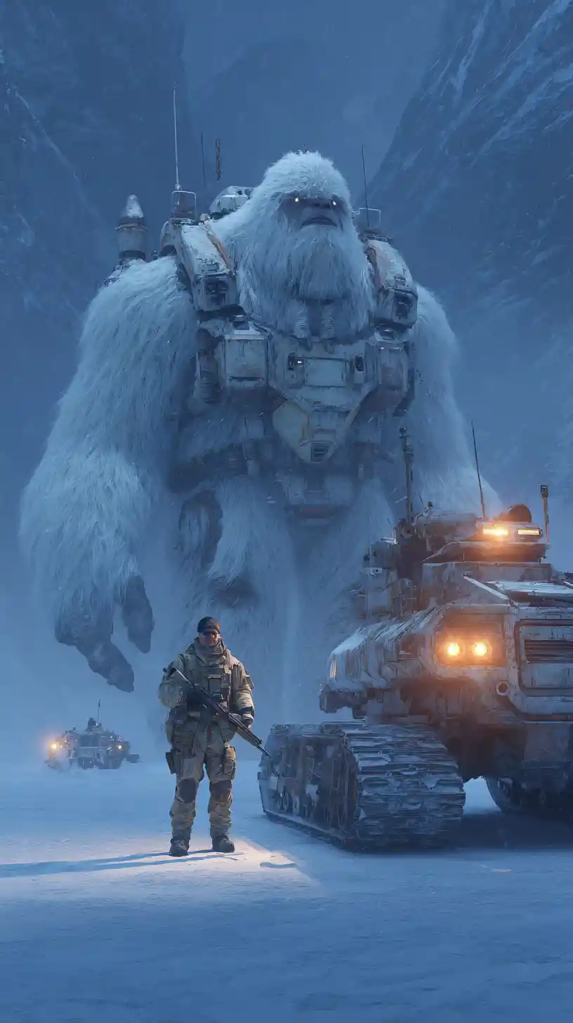 Yeti bianco corazzato in primo piano accanto a un soldato invernale