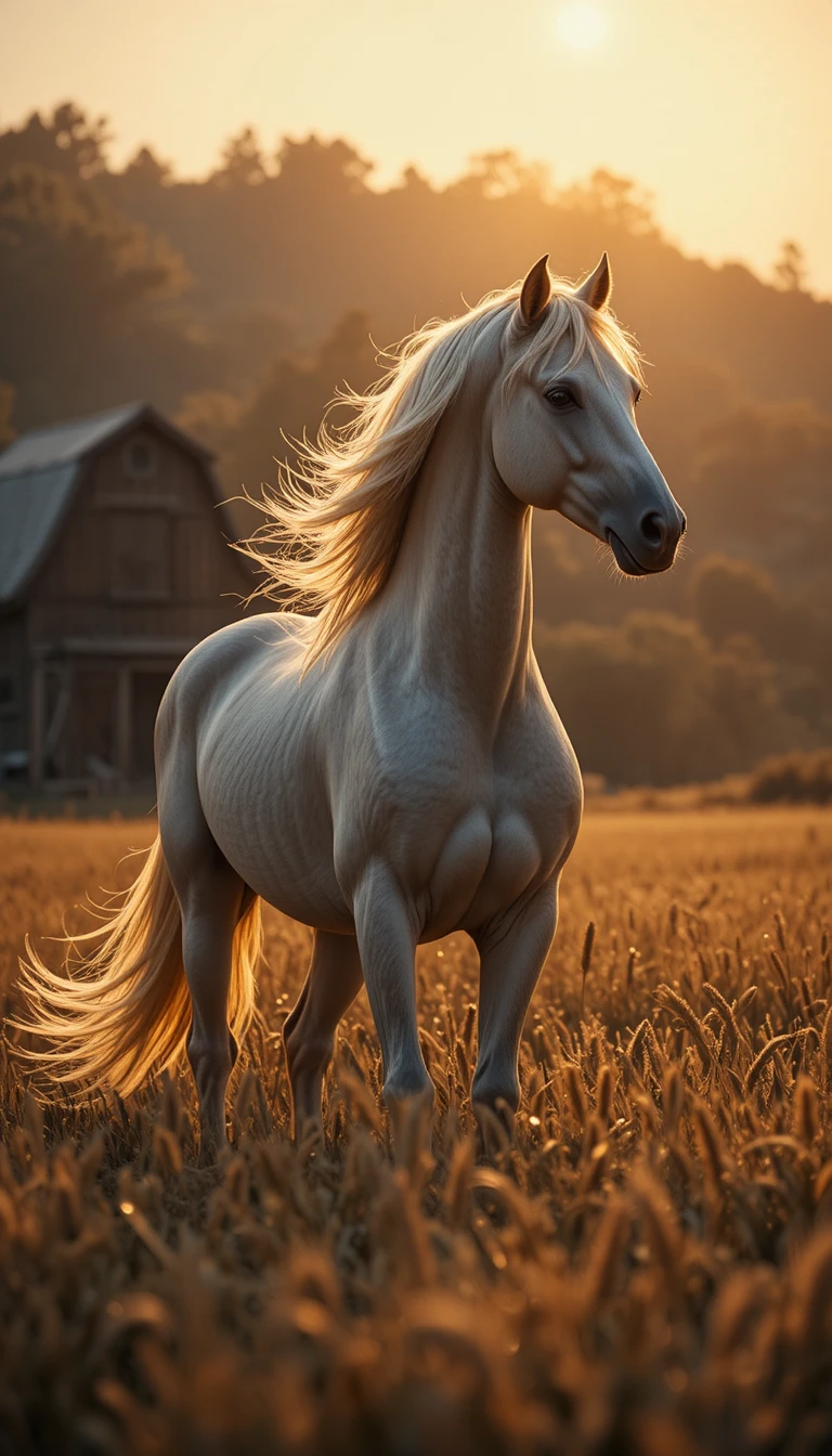 Palomino-Pferd im goldenen Weizenfeld bei Sonnenuntergang