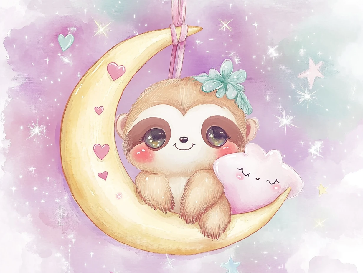 Perezoso bebé chibi abrazando una almohada de estrella sonriente
