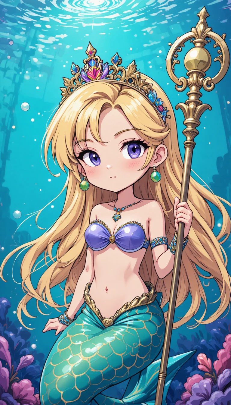 Garota sereia loira de anime com coroa em cena subaquática