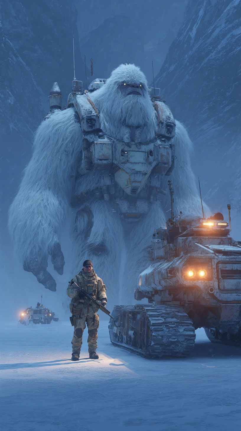 Yéti blanc blindé en gros plan à côté d’un soldat d’hiver