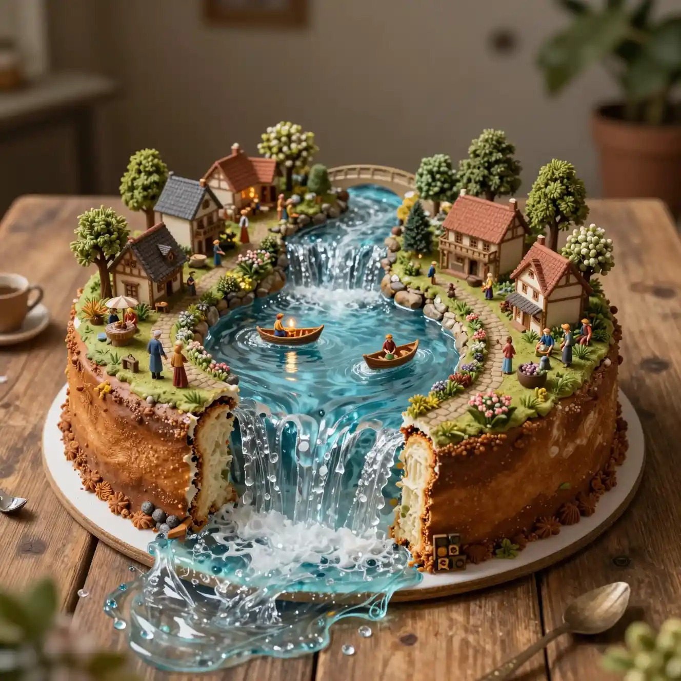 Gâteau surréaliste avec village miniature et cascade lumineuse