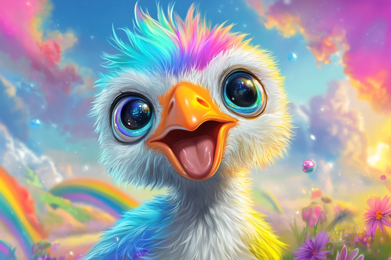 Adorable polluelo de avestruz tipo caricatura con enormes ojos brillantes