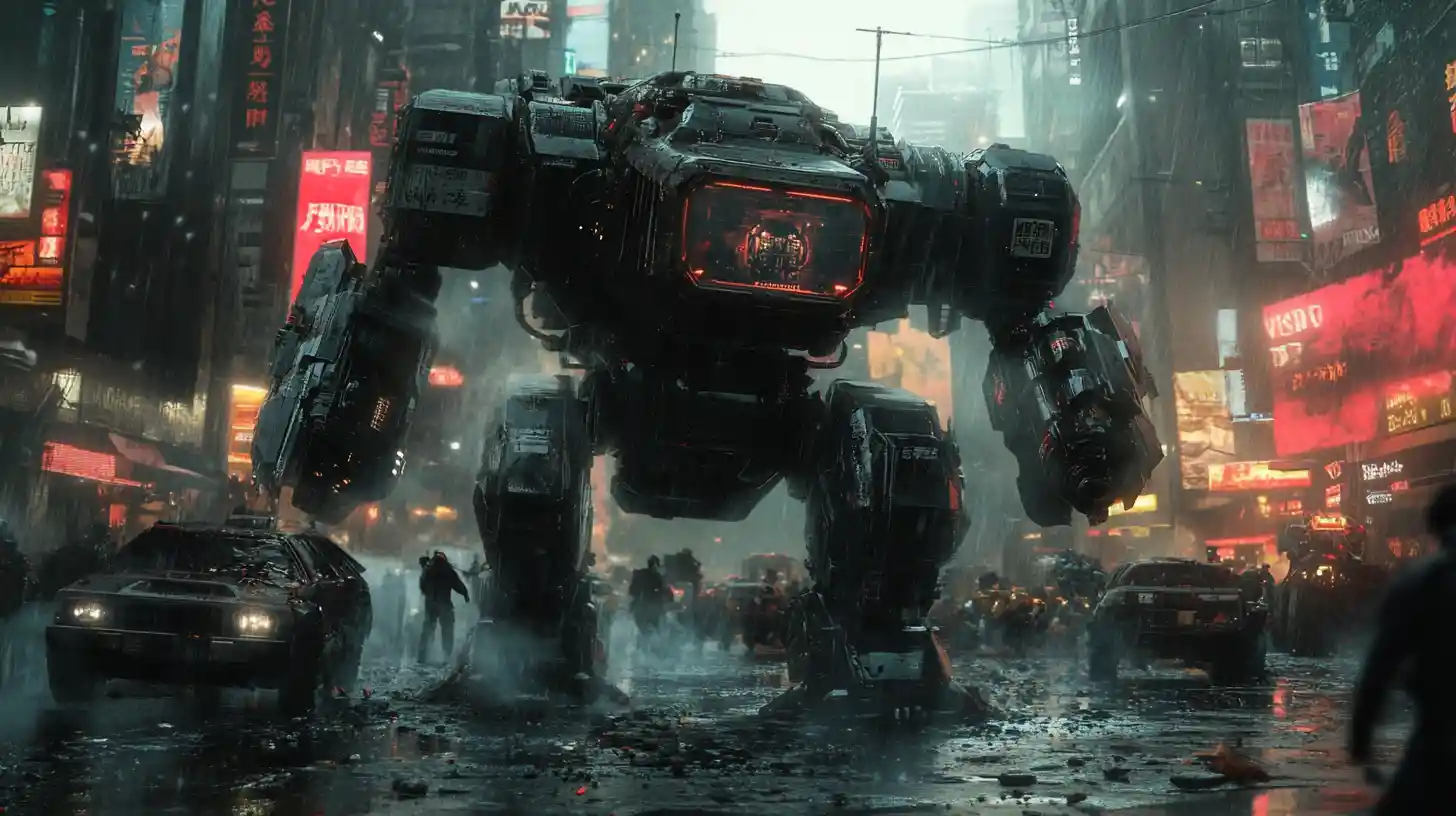 Armored mech advancing through alien war machines in city