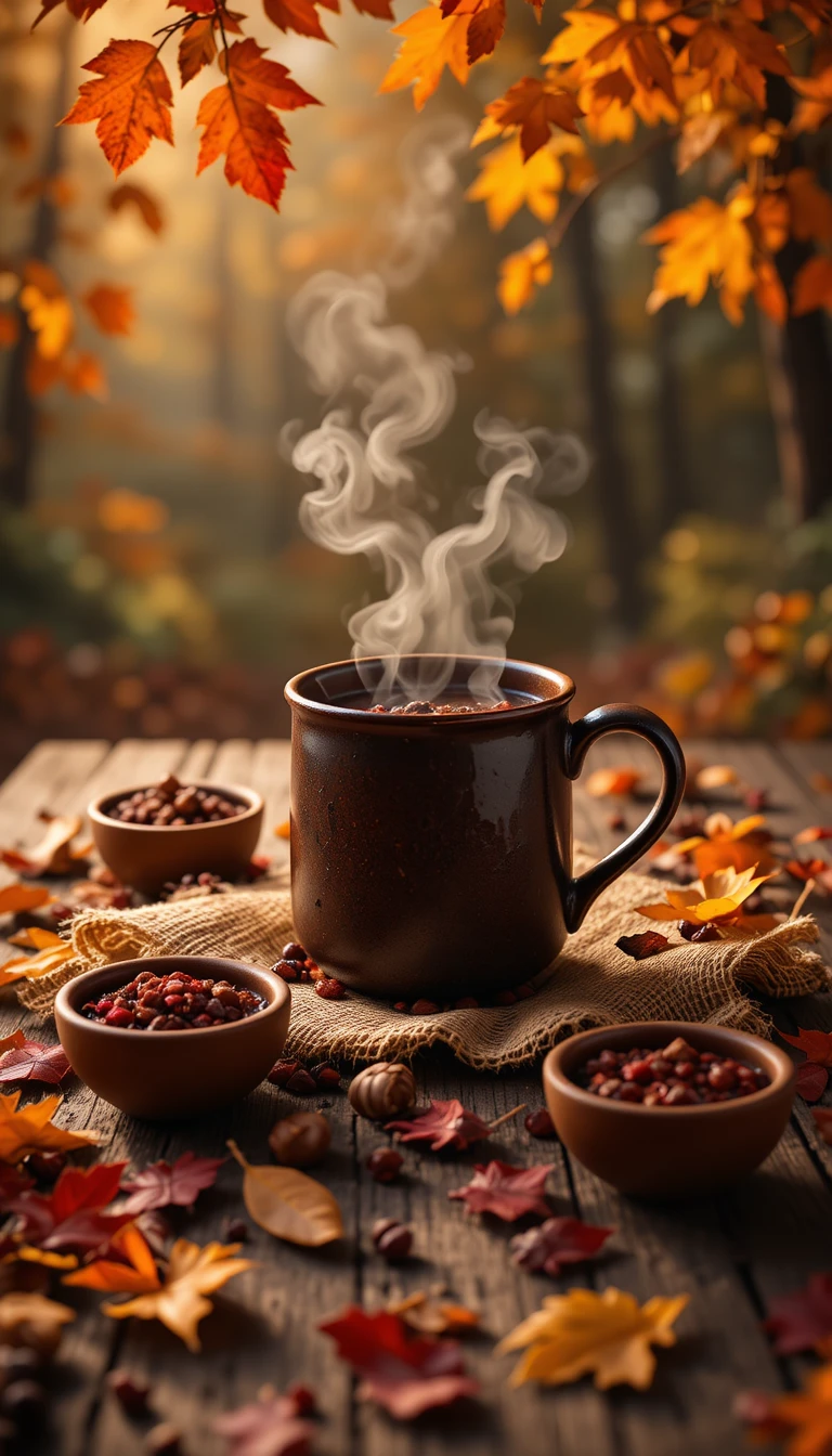 Cozy mug of hot cocoa on rustic wooden table