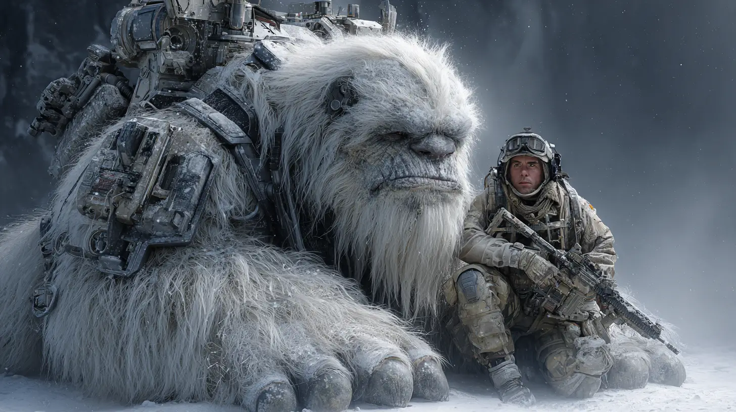 Hyperrealistisches Nahporträt eines gepanzerten weißen Yetis