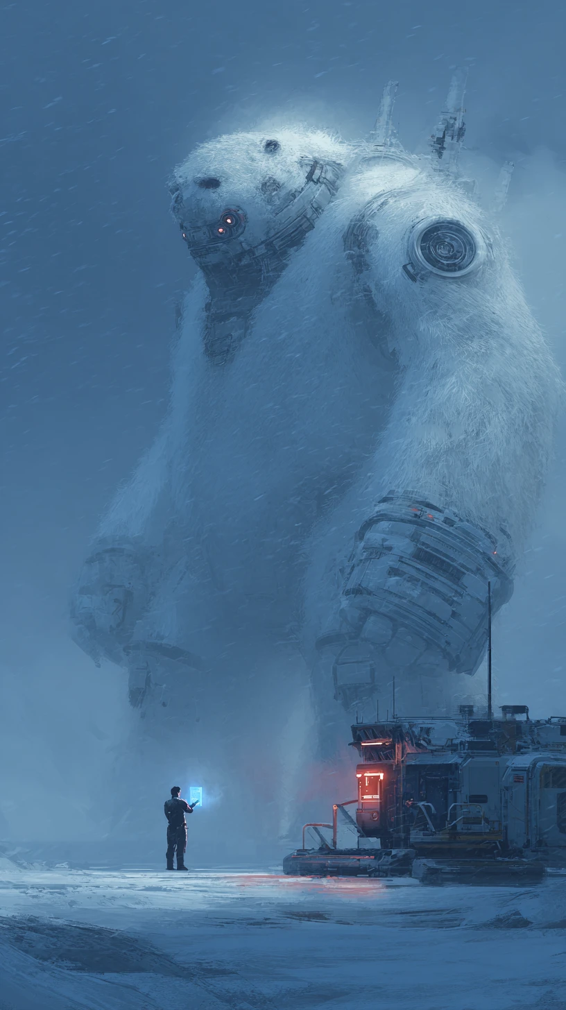 Golem gigante de neve cruza uma tempestade ártica sob controle humano