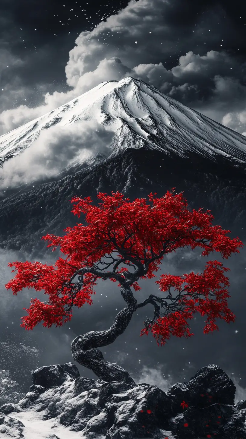 雲中雪覆富士山前的紅樹