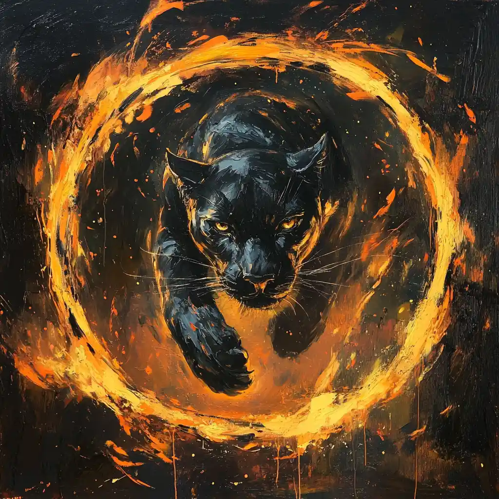Black panther leaping through a flaming hoop in darkness