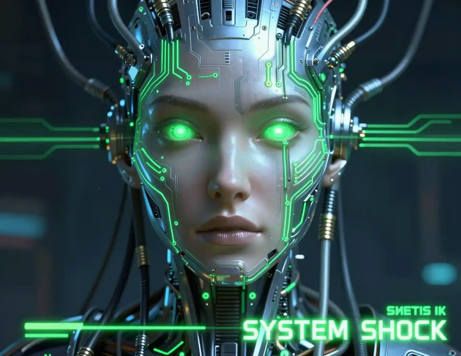 在黑暗科幻介面中發光的賽博女性臉孔