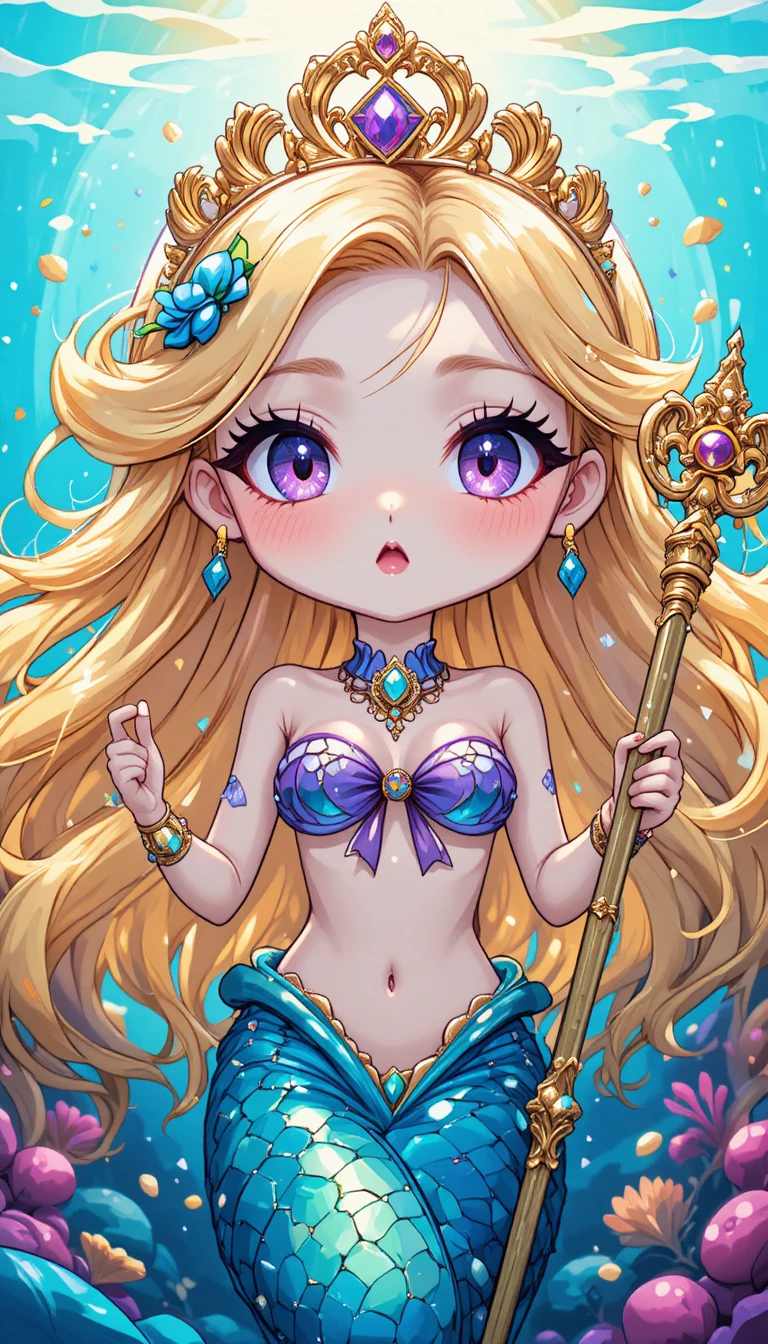 Fille sirène anime avec couronne et sceptre sous l'eau