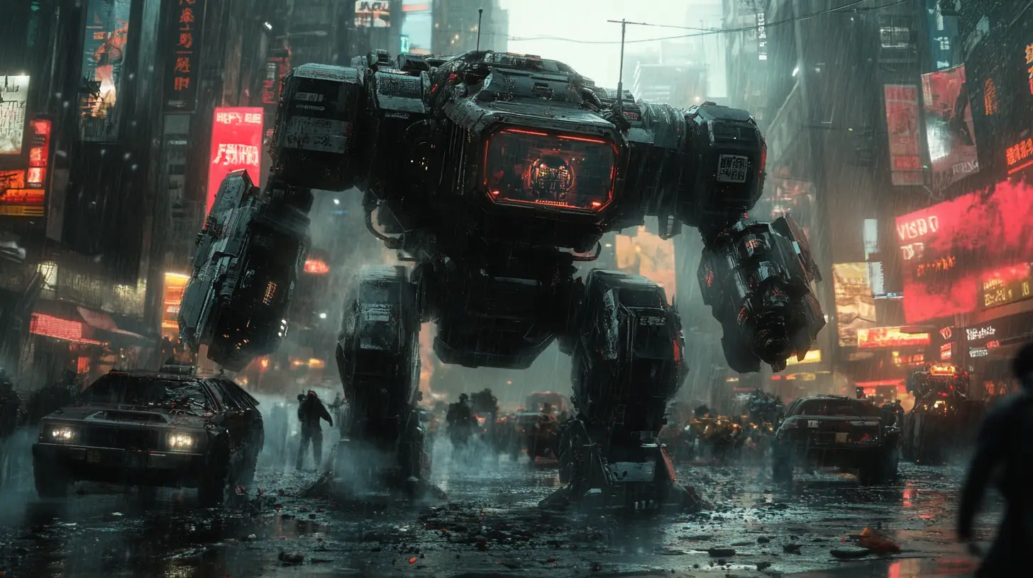 Gepanzerter Mech durchbricht außerirdische Kriegsmaschinen in der Stadt