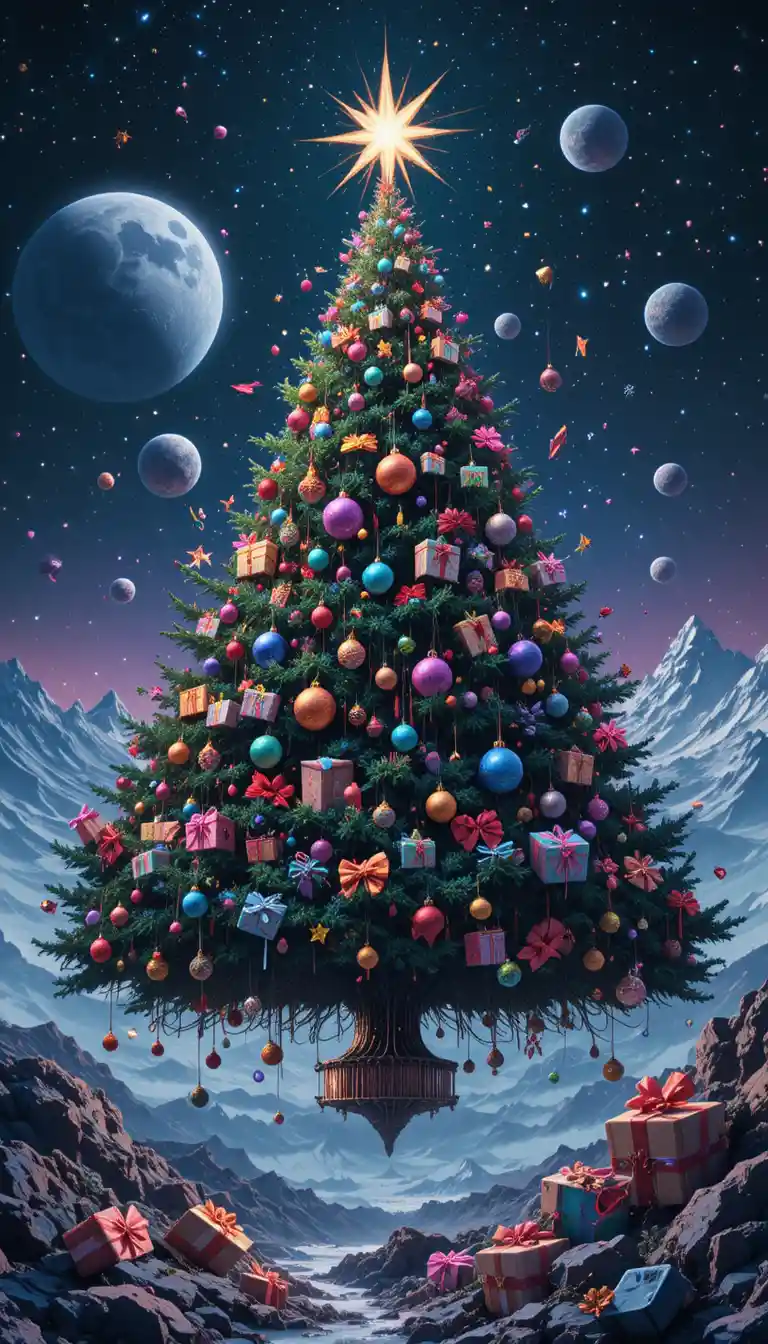 Sapin de Noël surréaliste flottant dans le profond espace étoilé