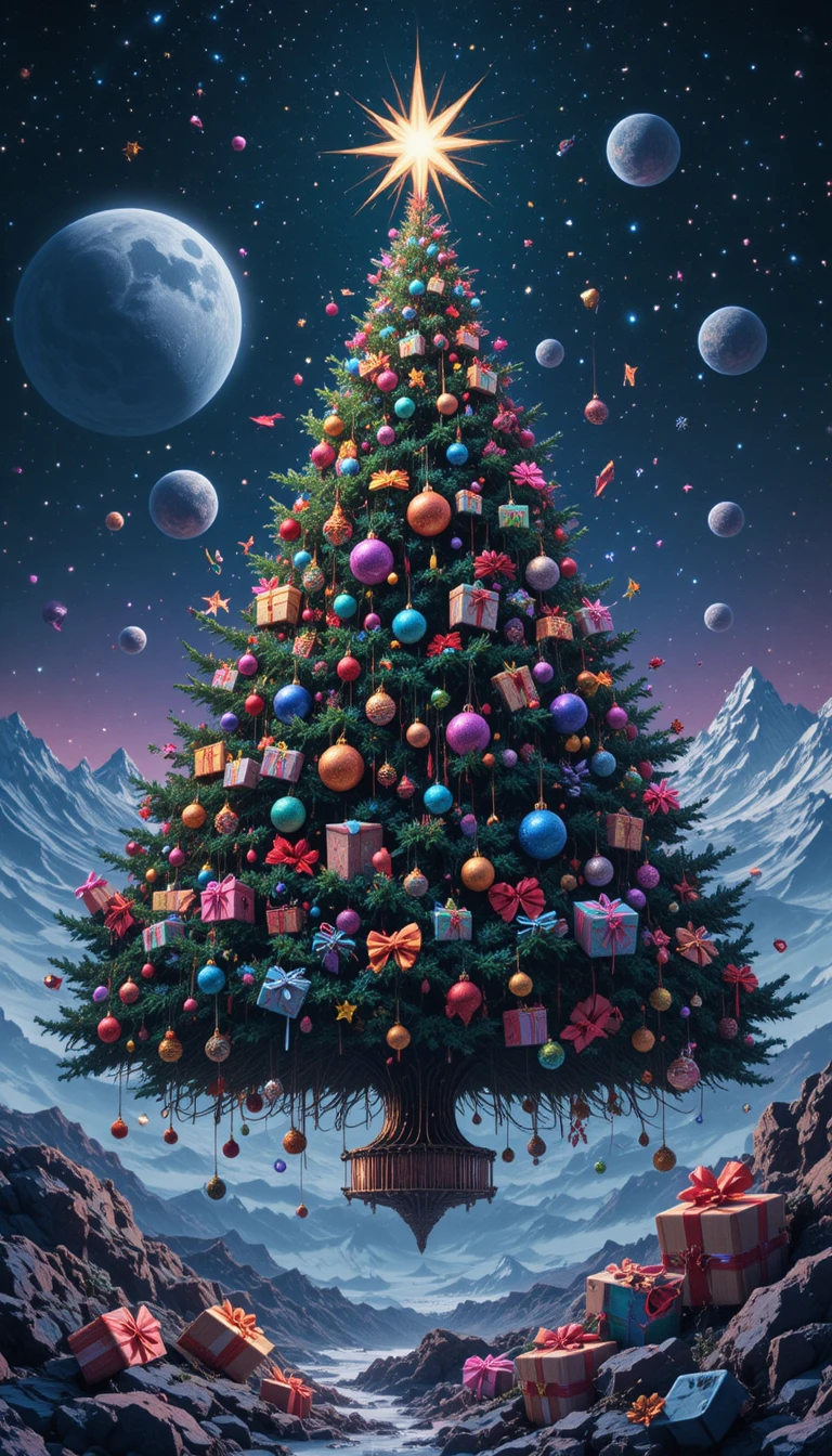 Albero di Natale surreale che fluttua nel profondo spazio stellato