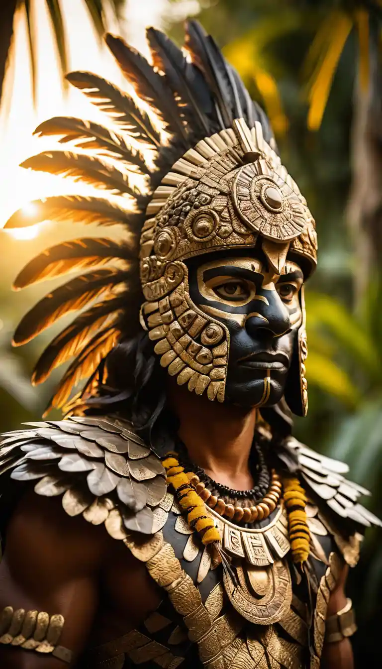 Guerriero giaguaro azteco nascosto tra il fogliame luminoso della giungla