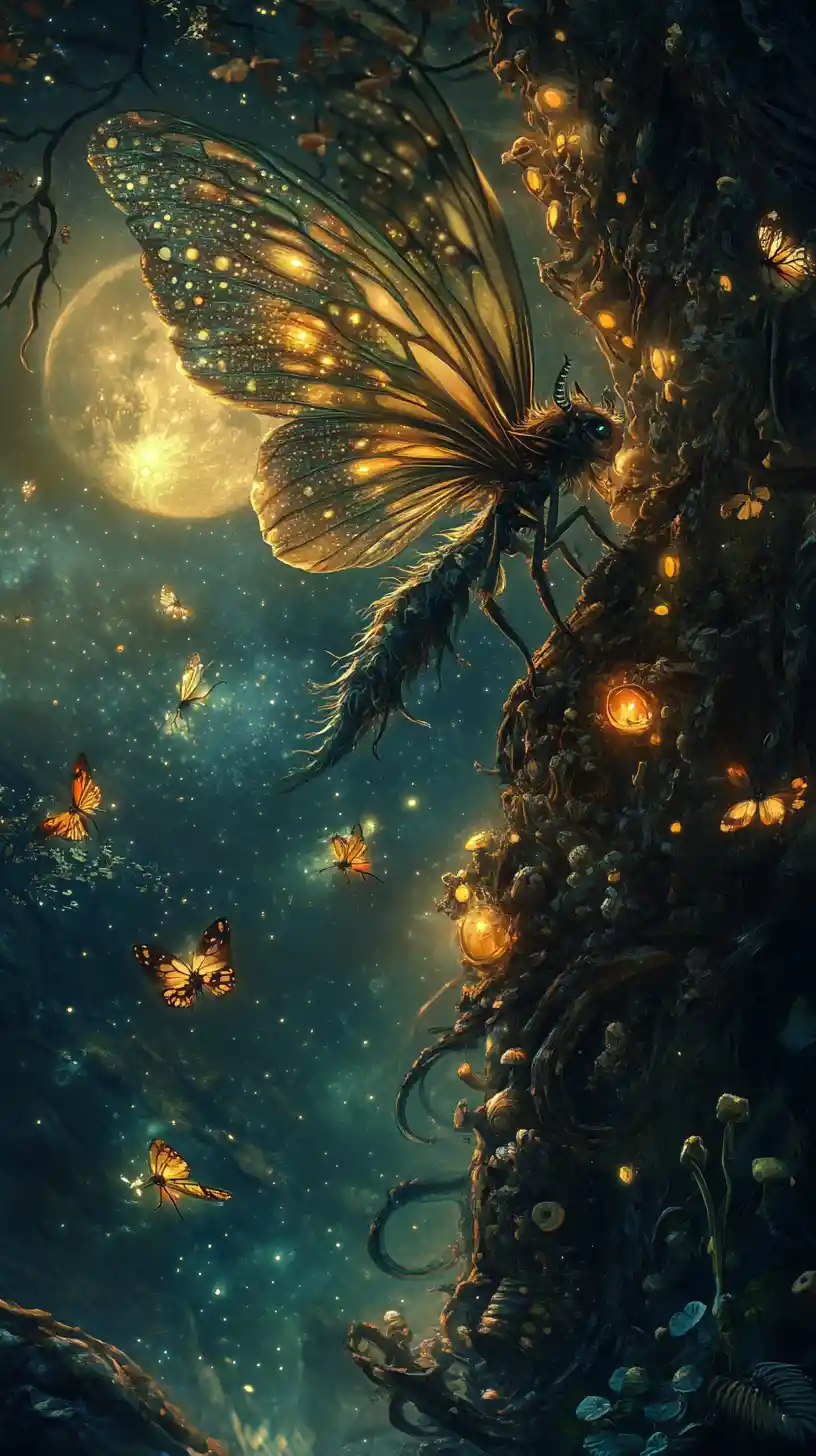Cosmic elf wandering through a moonlit mystical dreamscape