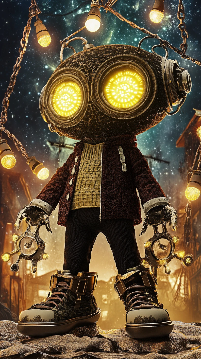 Criatura humanoide cyberpunk en un vacío celestial brillante
