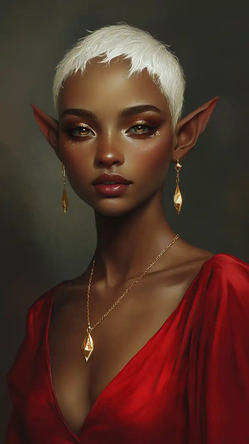 Elegant dark skinned elf woman in red dress portrait