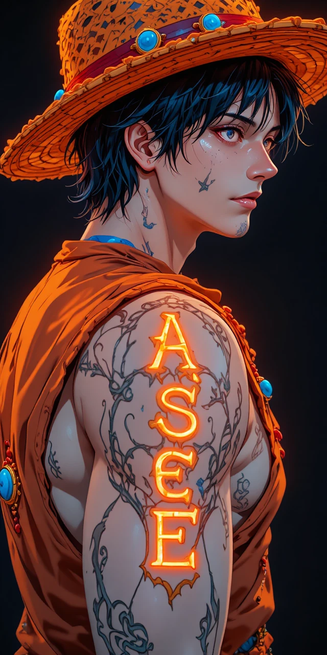 Retrato em perfil em anime de um homem sardento com tatuagem neon