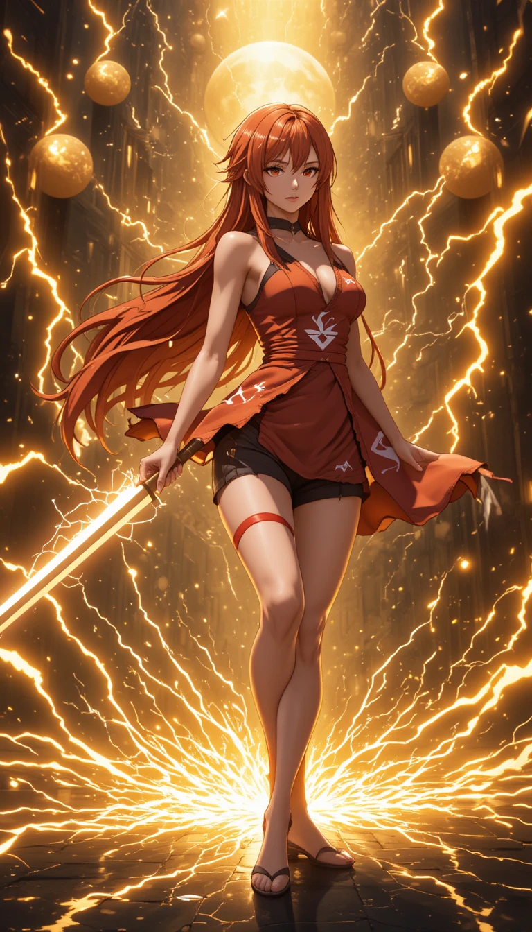 Guerreira de anime sacando sua lâmina em meio a relâmpagos cósmicos