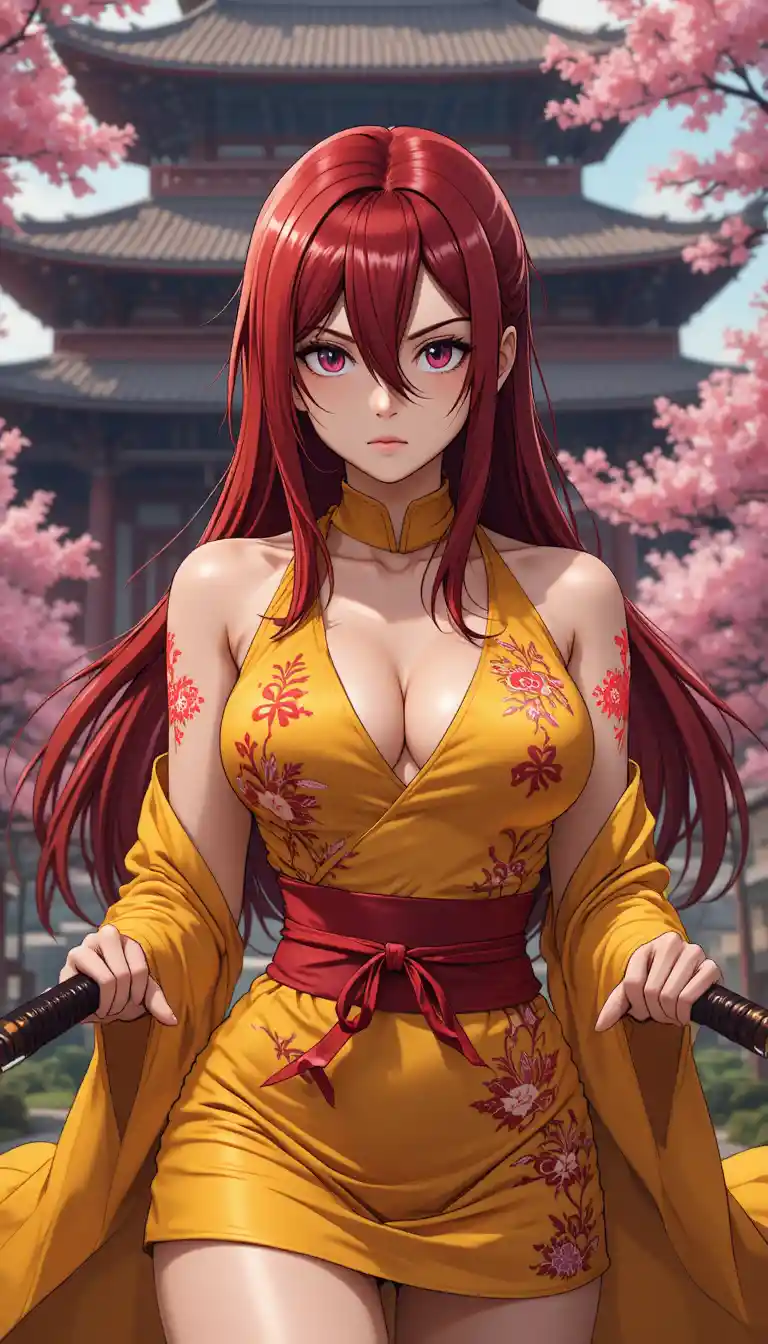 Anime warrior woman with katanas at a Japanese temple