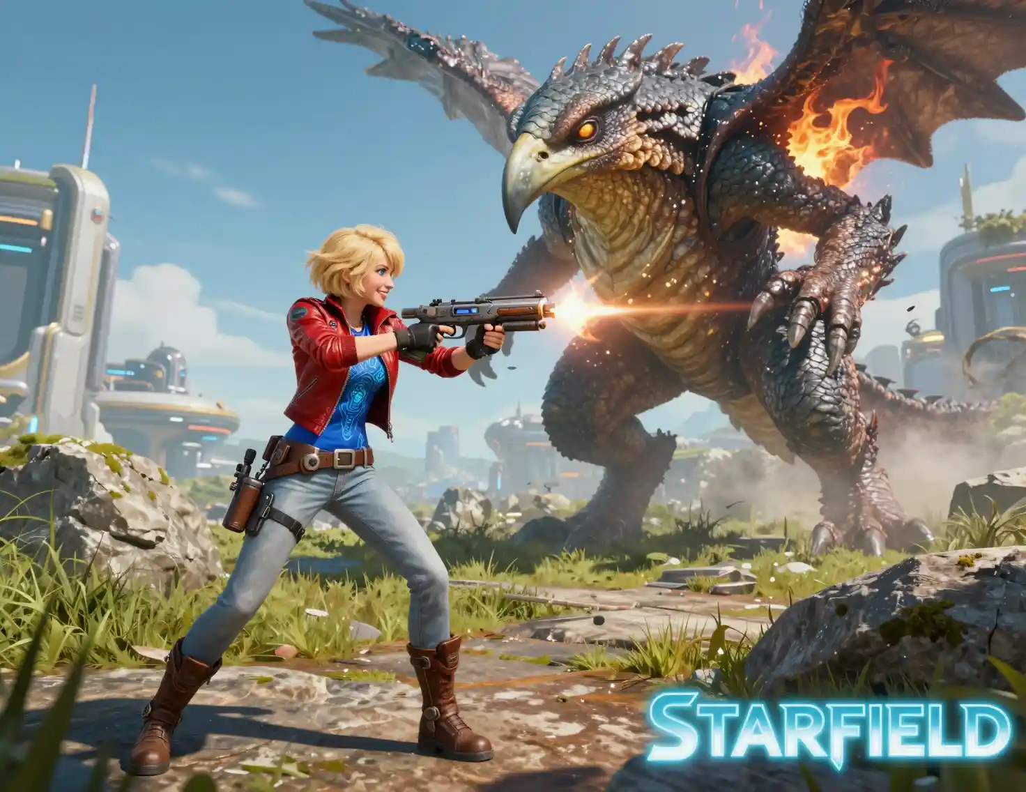 Woman aiming energy gun at massive flaming creature