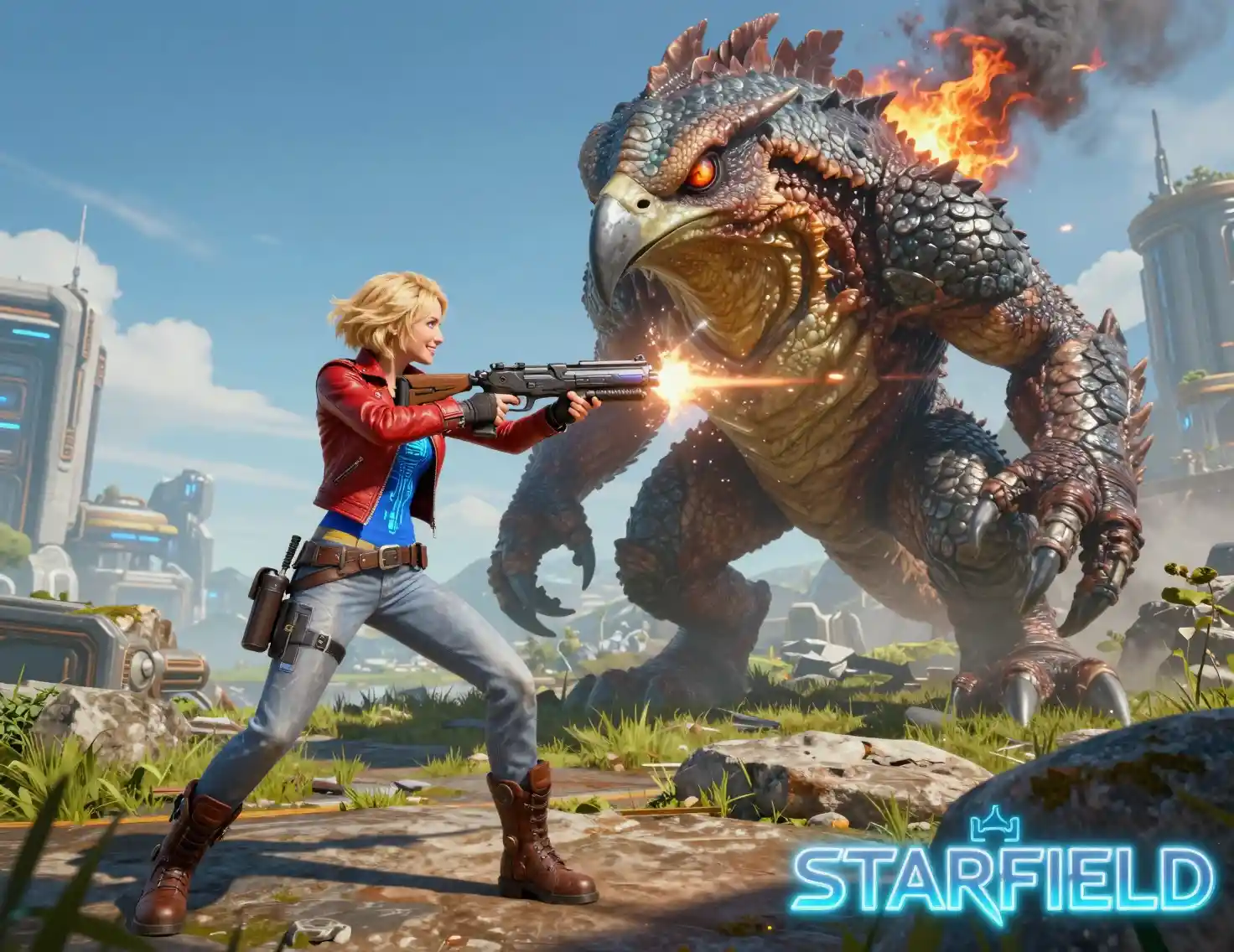 Woman aiming energy gun at flaming fantasy creature